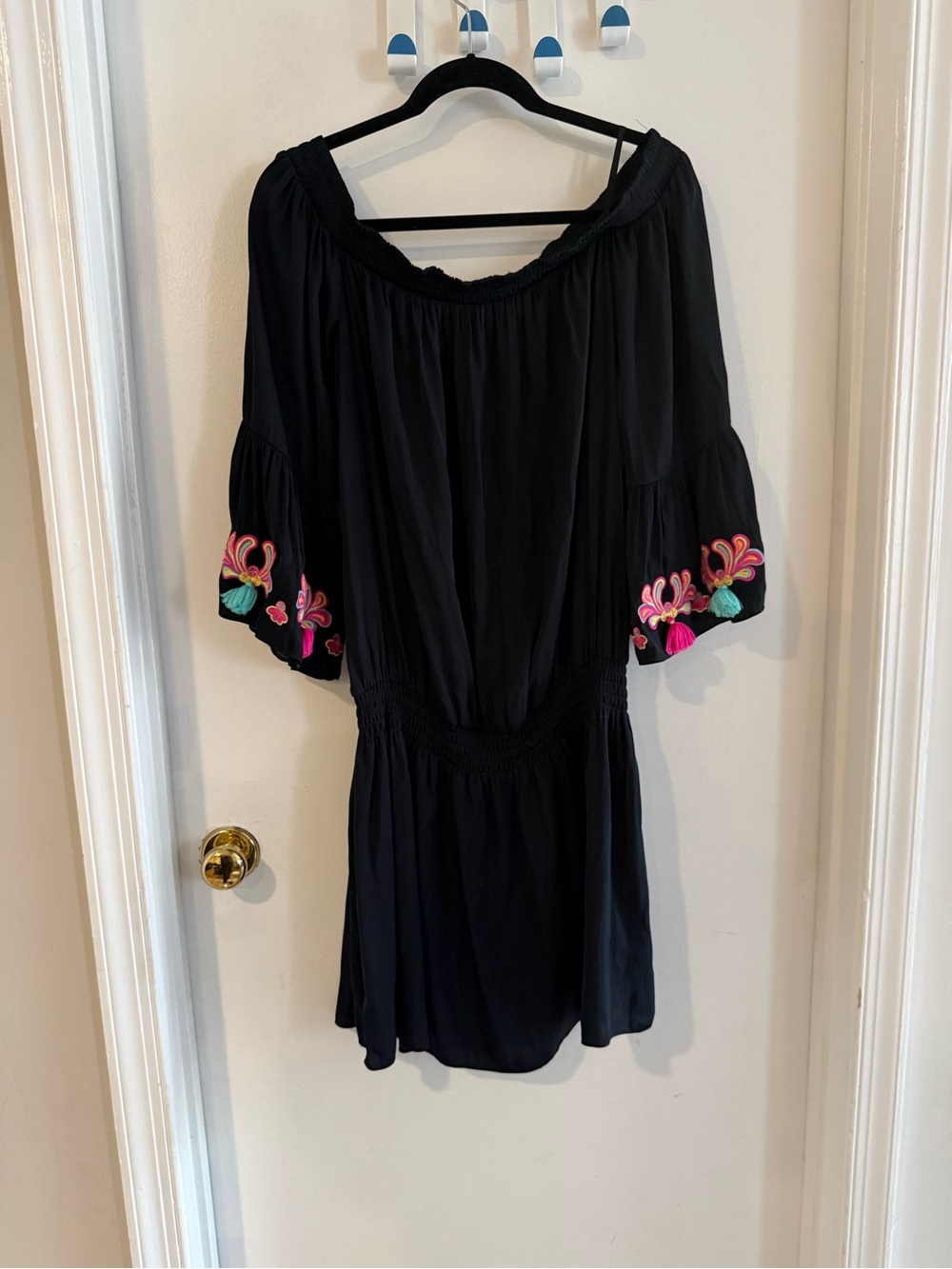 Lilly Pulitzer Black Off-Shoulder Dress Colorful Embroidered Sleeves & Tassels